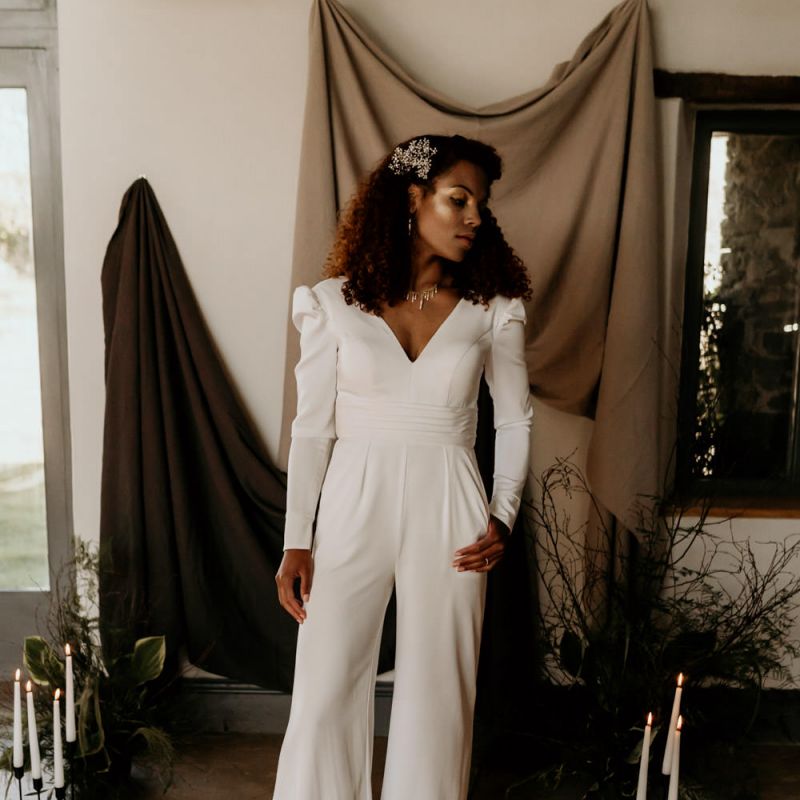 Black Bride with Afro Hair &amp; Cheek Highlighter in White Jumpsuit