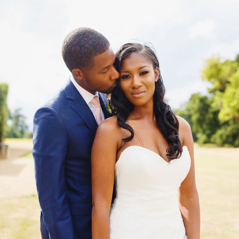 Black bride in strapless wedding dress