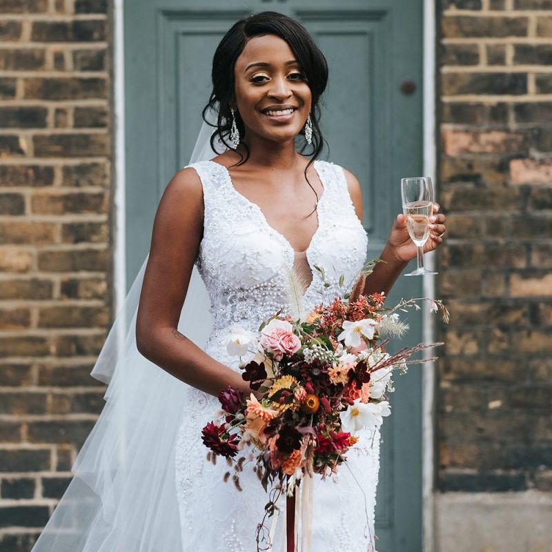 Black Bride in lace wedding dress for city wedding