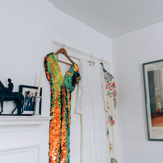 Bride In Sequinned Jumpsuit With Flower Crown For Marquee Wedding // Wild Flower Decor With Naked Wedding Cake // Images By Casey Avenue Photography