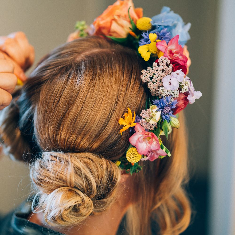 Bride In Brightly Coloured Flower Crown // Image By Casey Avenue Photography
