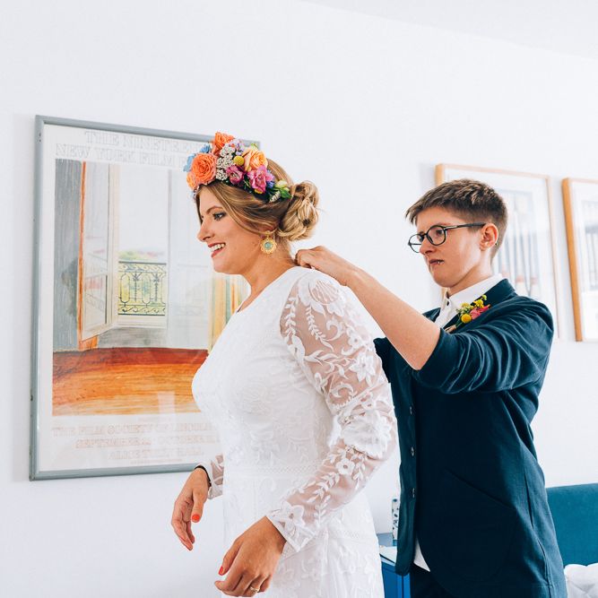 Bride In Brightly Coloured Flower Crown // Image By Casey Avenue Photography