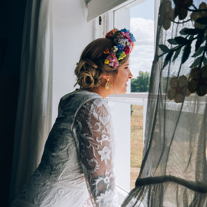 Bride In Brightly Coloured Flower Crown // Image By Casey Avenue Photography