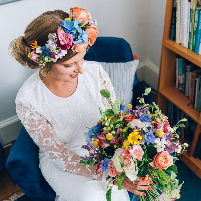 Bride In Brightly Coloured Flower Crown // Image By Casey Avenue Photography
