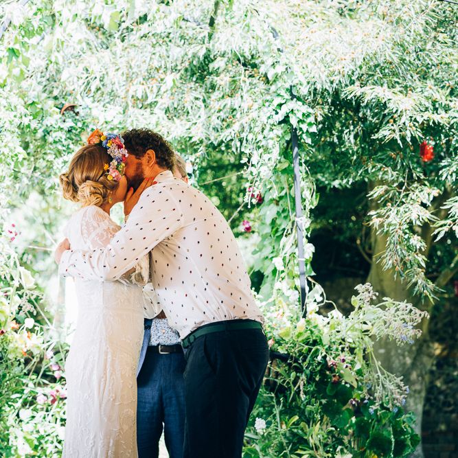 Bride In Brightly Colour Flower Crown // Image By Casey Avenue Photography