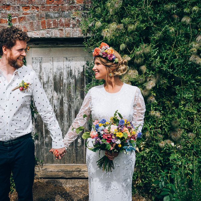 Bride In Brightly Colour Flower Crown // Image By Casey Avenue Photography