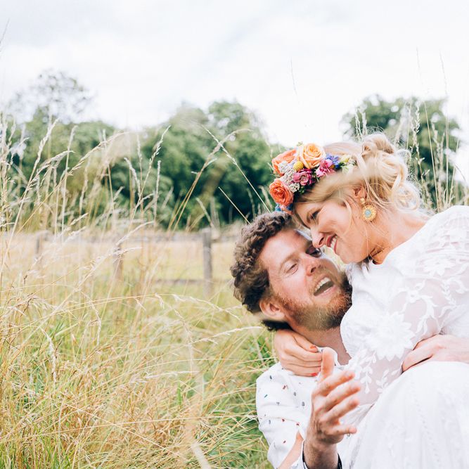 Bride In Brightly Colour Flower Crown // Image By Casey Avenue Photography