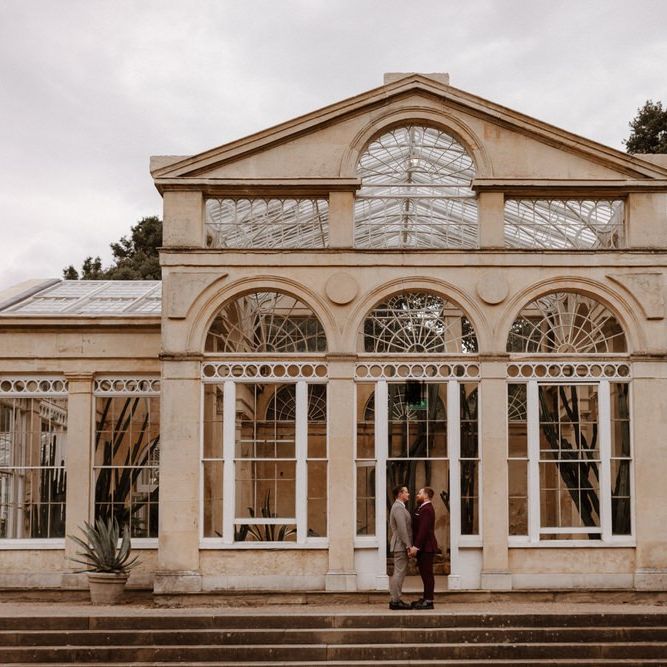 Wedding portrait outside Syon Park conservatory