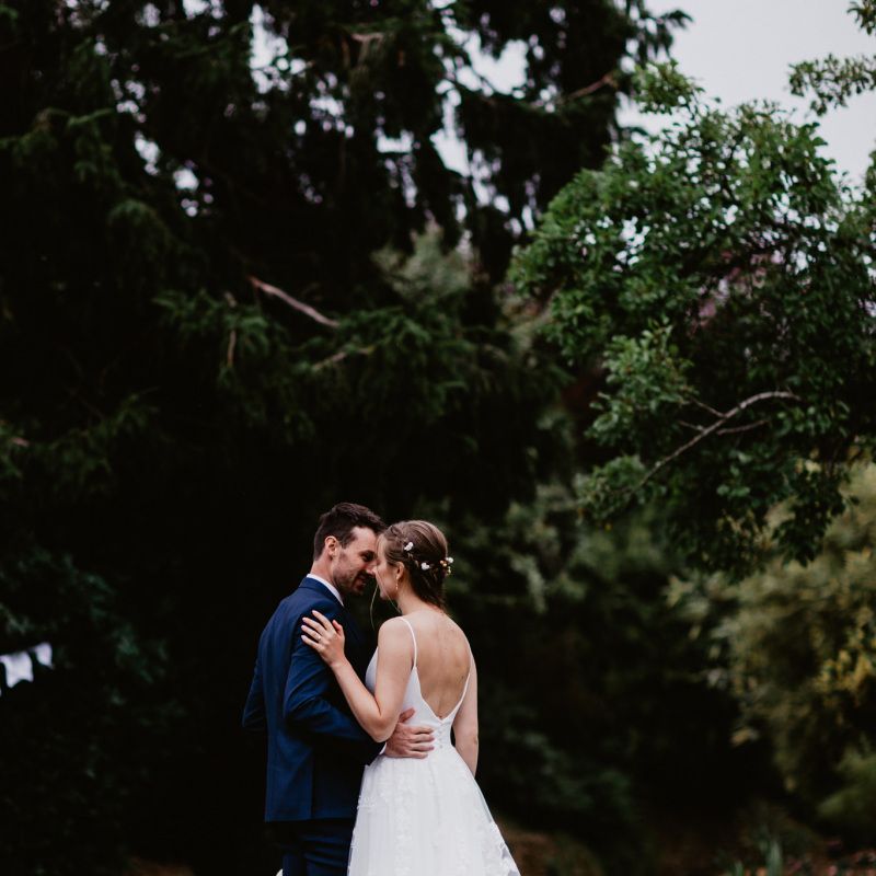 Bride and groom portrait standing in a country lane