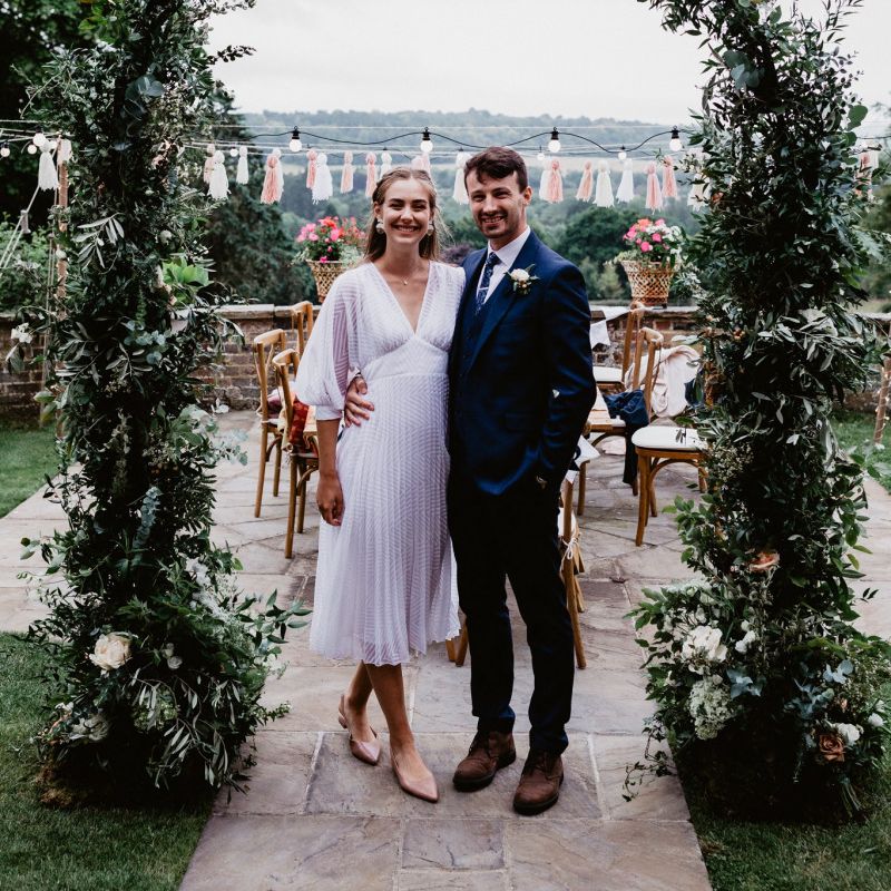 Bride and groom portrait at 2020, garden party, wedding reception
