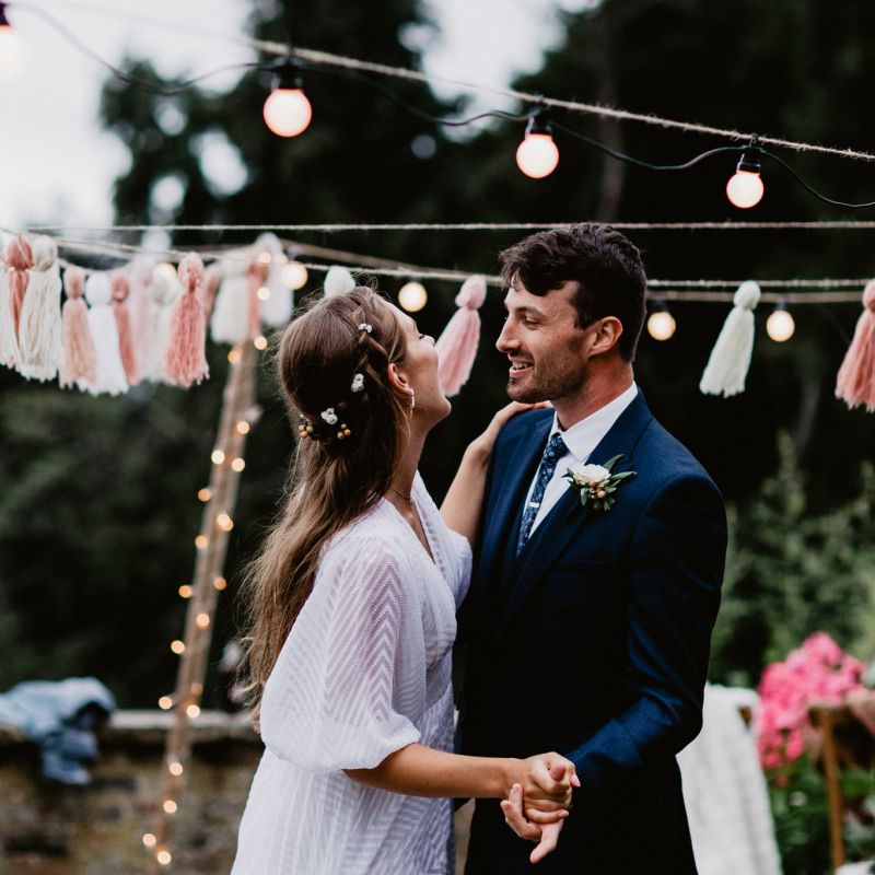 2020 wedding first dance at outdoor garden party reception