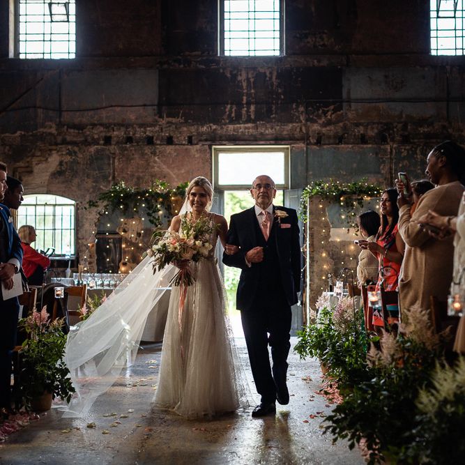 The Asylum Wedding Ceremony Bridal Entrance in Romantic Flora Mila Wedding Dress