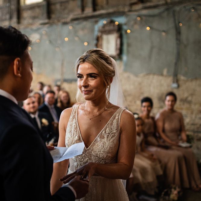 Asylum Wedding Ceremony with Bride in Romantic Flora Mila Wedding Dress  Listening to Her Brides Wedding Vows