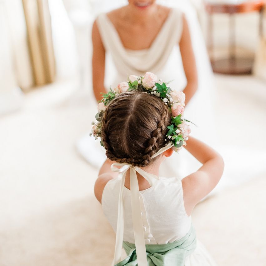 Braided hair and flower crown for Four Seasons Hampshire wedding