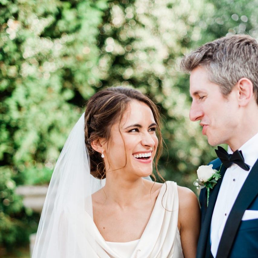 Bride with pinned undo at black tie wedding