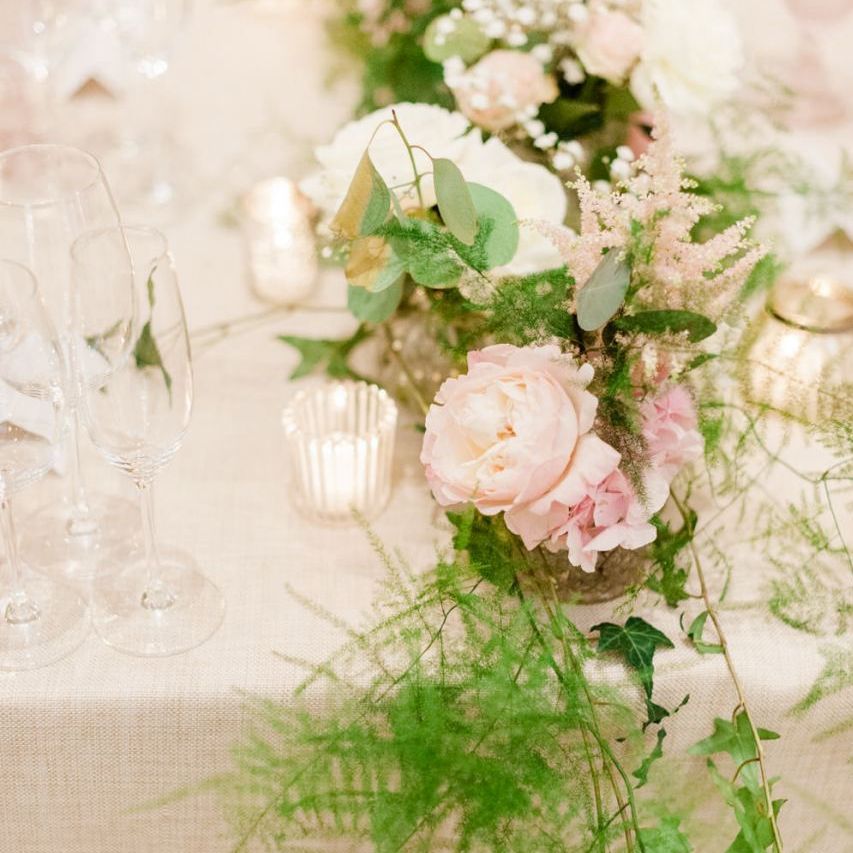 Blush wedding flowers and table decor