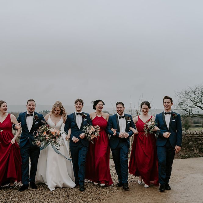 Red bridesmaid dresses for Winter wedding with unplugged wedding sign