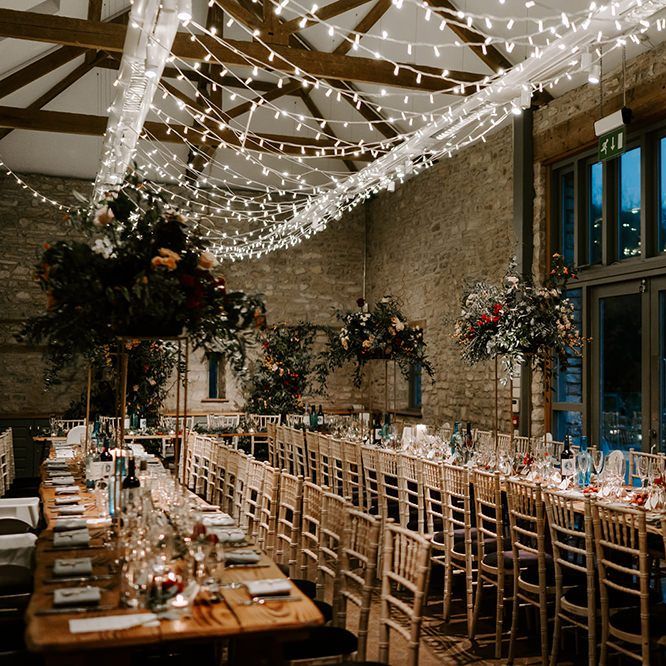 Barn wedding with fairy light canopy