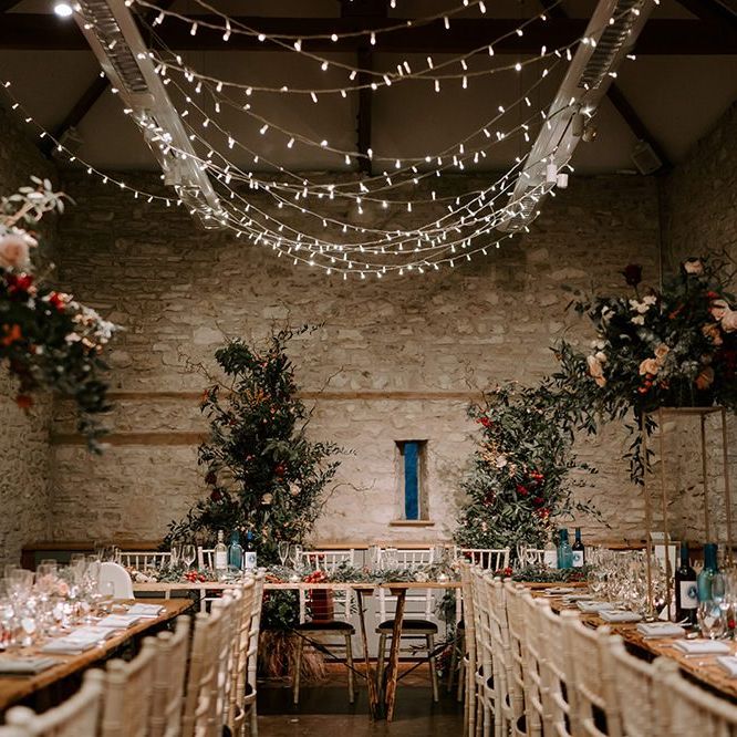 Barn wedding with fairy light canopy
