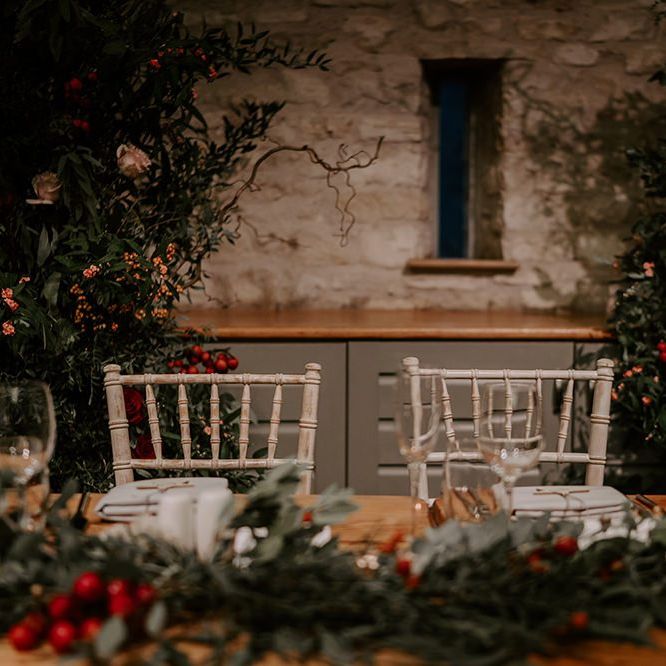 Wedding table decor with foliage table runner