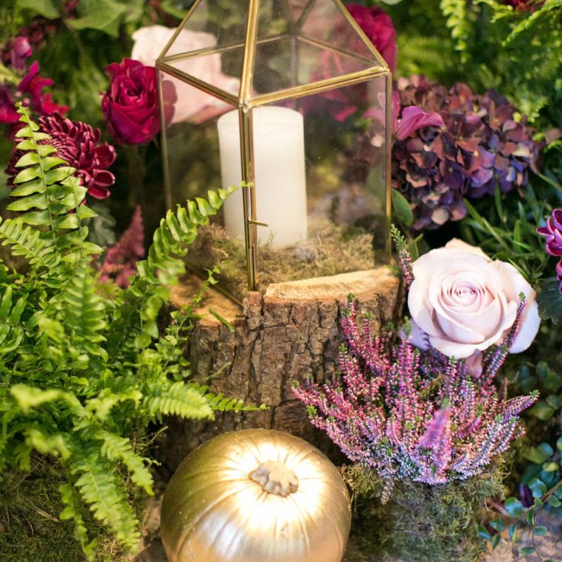 Tree Stump, Gold Spray Painted Terrarium and Pumpkins with Purple Wedding Flowers