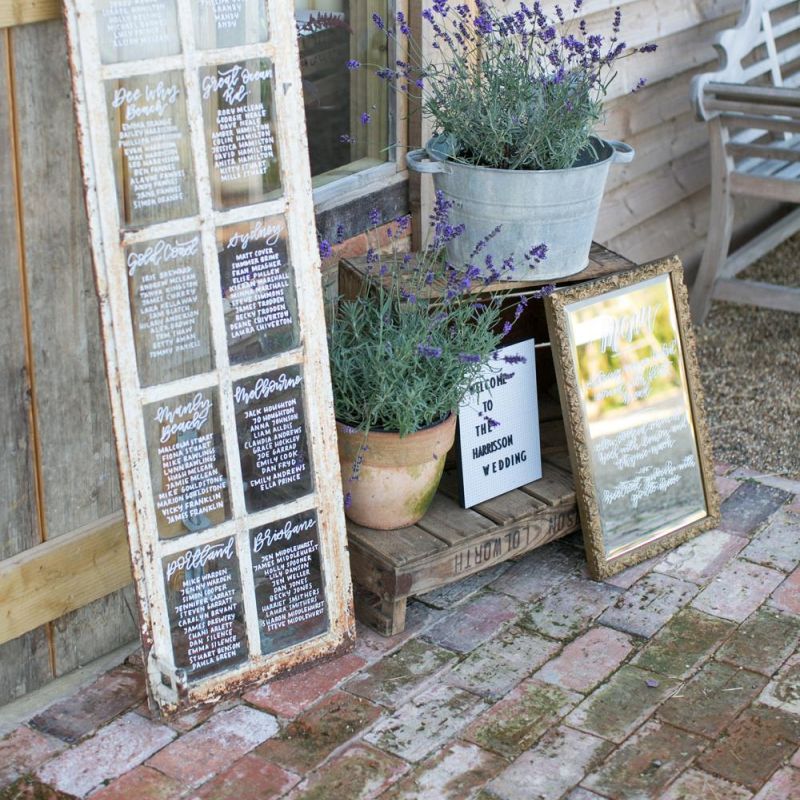 Window Pane Table Plan with Plant Pot Wedding Decor