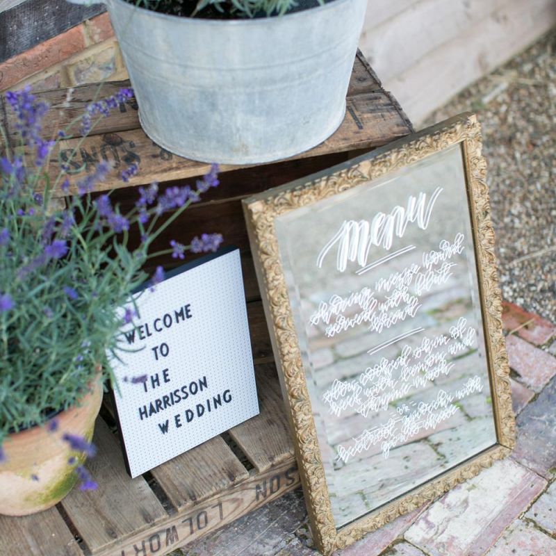 Mirror Menu Sign and Peg Board with Lavender Pots  Wedding Decor