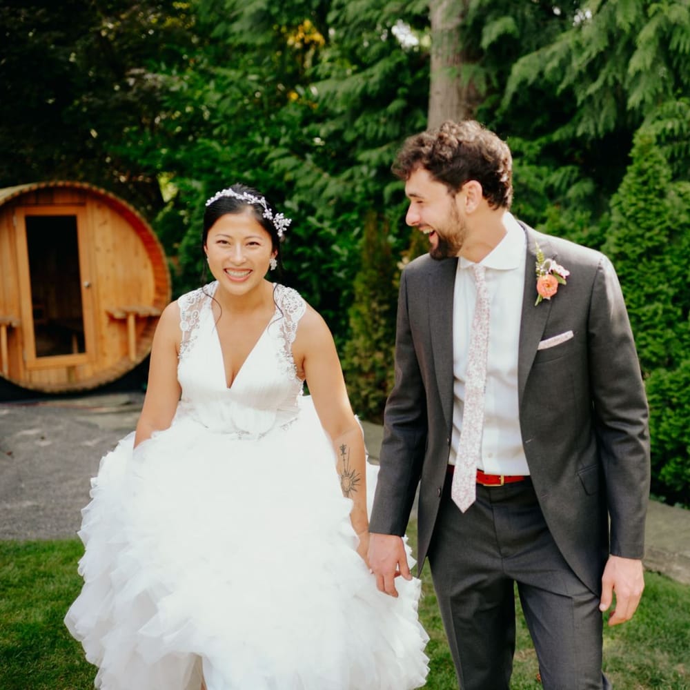 Happy bride and groom during first look portraits