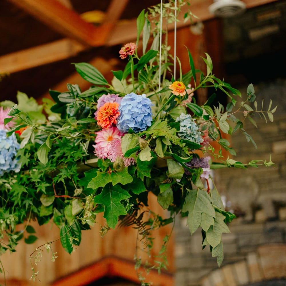Colourful hanging installation with blue hydrangeas and red dahlias