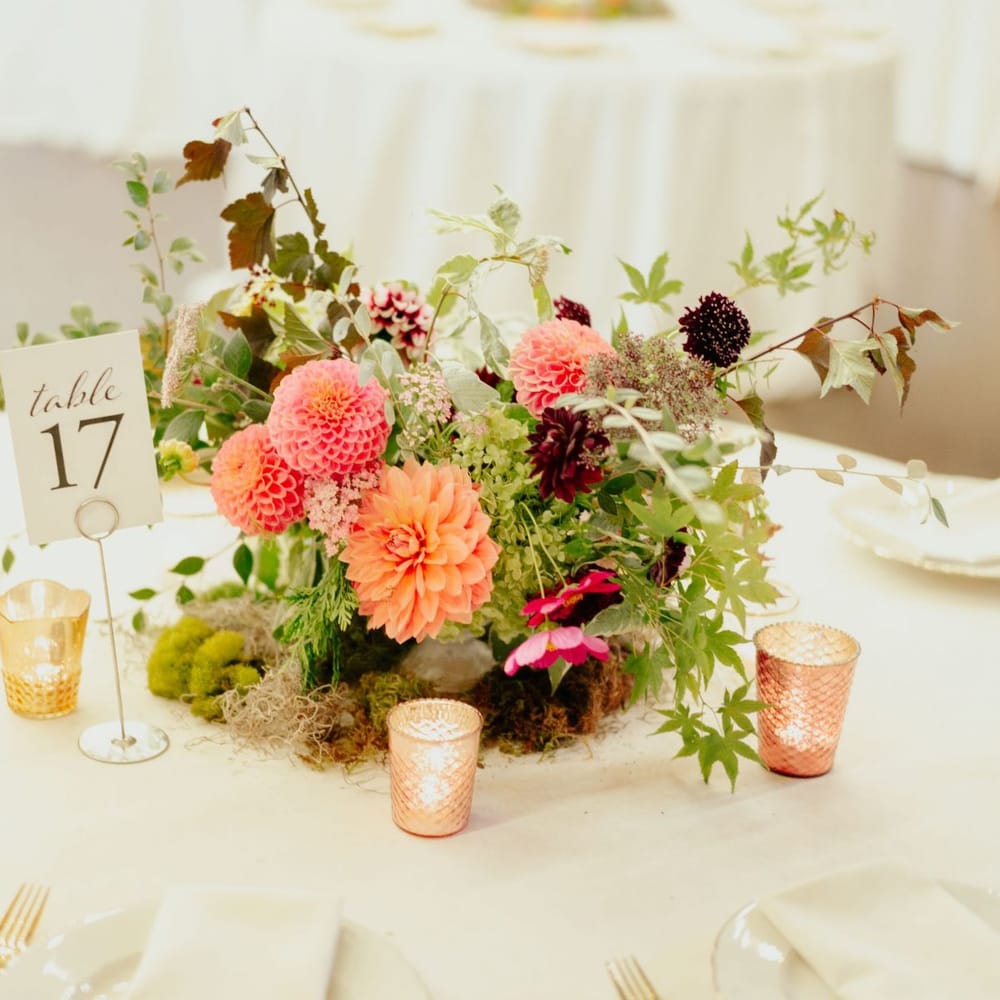Pink and coral dahlia centrepiece flowers