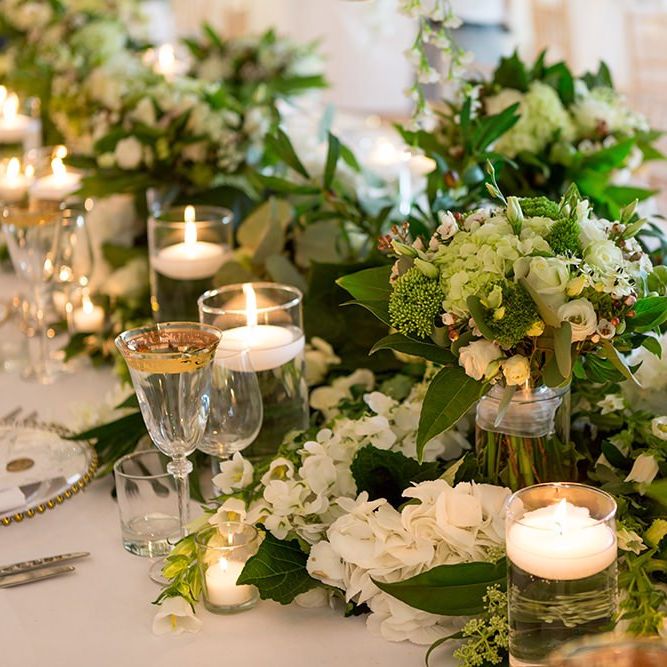 White and Green Wedding Flowers with Candles