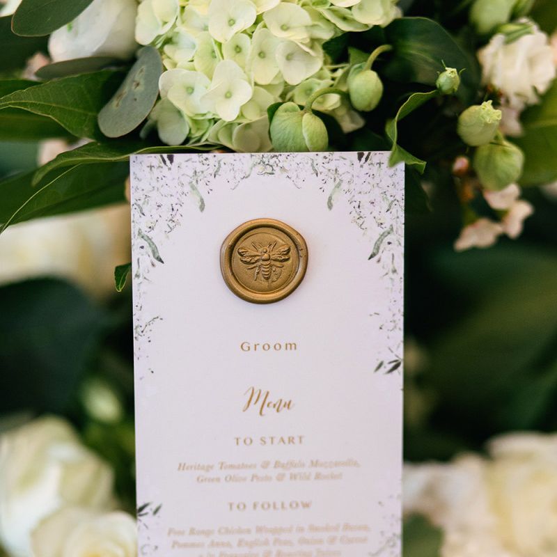White and gold Menu Card with Wax Seal