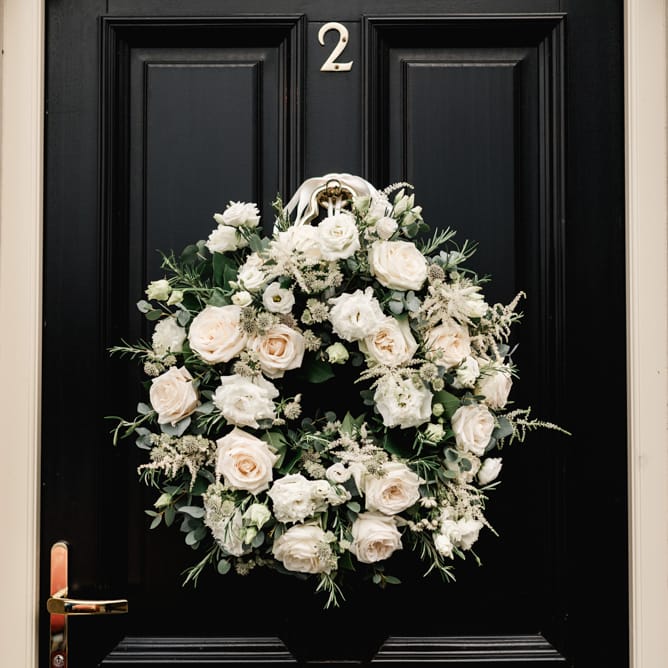 White &amp; Green Floral Door Wreath | Elegant Grey, Green, White &amp; Gold Black Tie, Marquee Wedding at Tullyveery House N. Ireland with Decor &amp; Styling by Mood Events | The Lou's Photography | Soul &amp; Rise Film