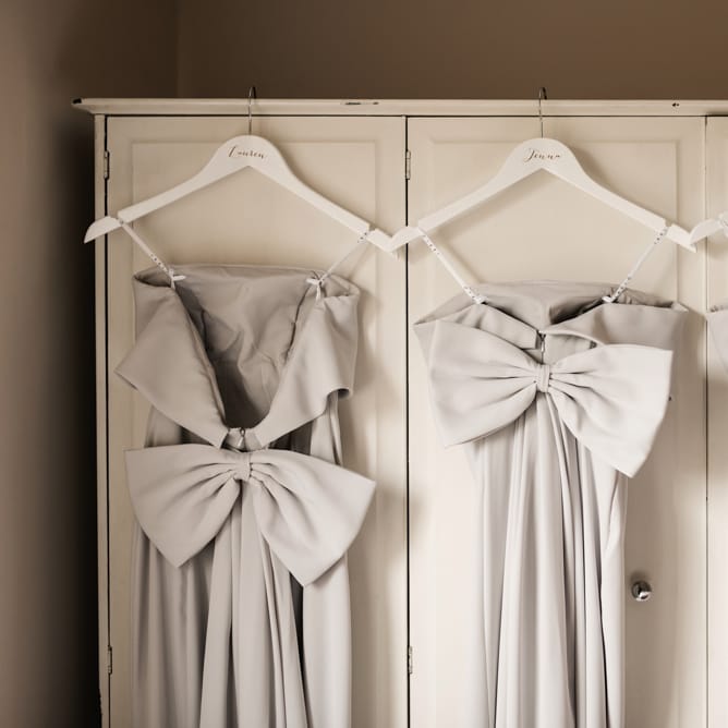 Grey Jarlo Bridesmaid Dresses with Bows | Elegant Grey, Green, White &amp; Gold Black Tie, Marquee Wedding at Tullyveery House N. Ireland with Decor &amp; Styling by Mood Events | The Lou's Photography | Soul &amp; Rise Film