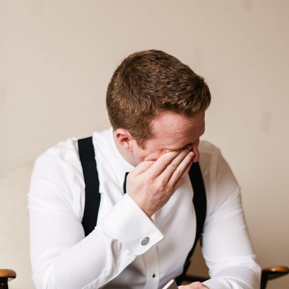 Wedding Morning | Groom Preparations | White &amp; Green Floral Door Wreath | Elegant Grey, Green, White &amp; Gold Black Tie, Marquee Wedding at Tullyveery House N. Ireland with Decor &amp; Styling by Mood Events | The Lou's Photography | Soul &amp; Rise Film