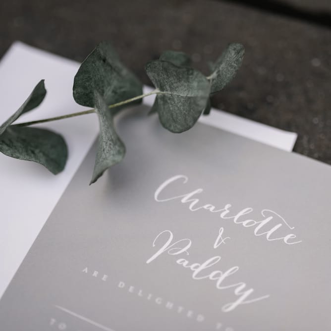 Elegant Grey &amp; White Wedding Stationery | White &amp; Green Floral Door Wreath | Elegant Grey, Green, White &amp; Gold Black Tie, Marquee Wedding at Tullyveery House N. Ireland with Decor &amp; Styling by Mood Events | The Lou's Photography | Soul &amp; Rise Film