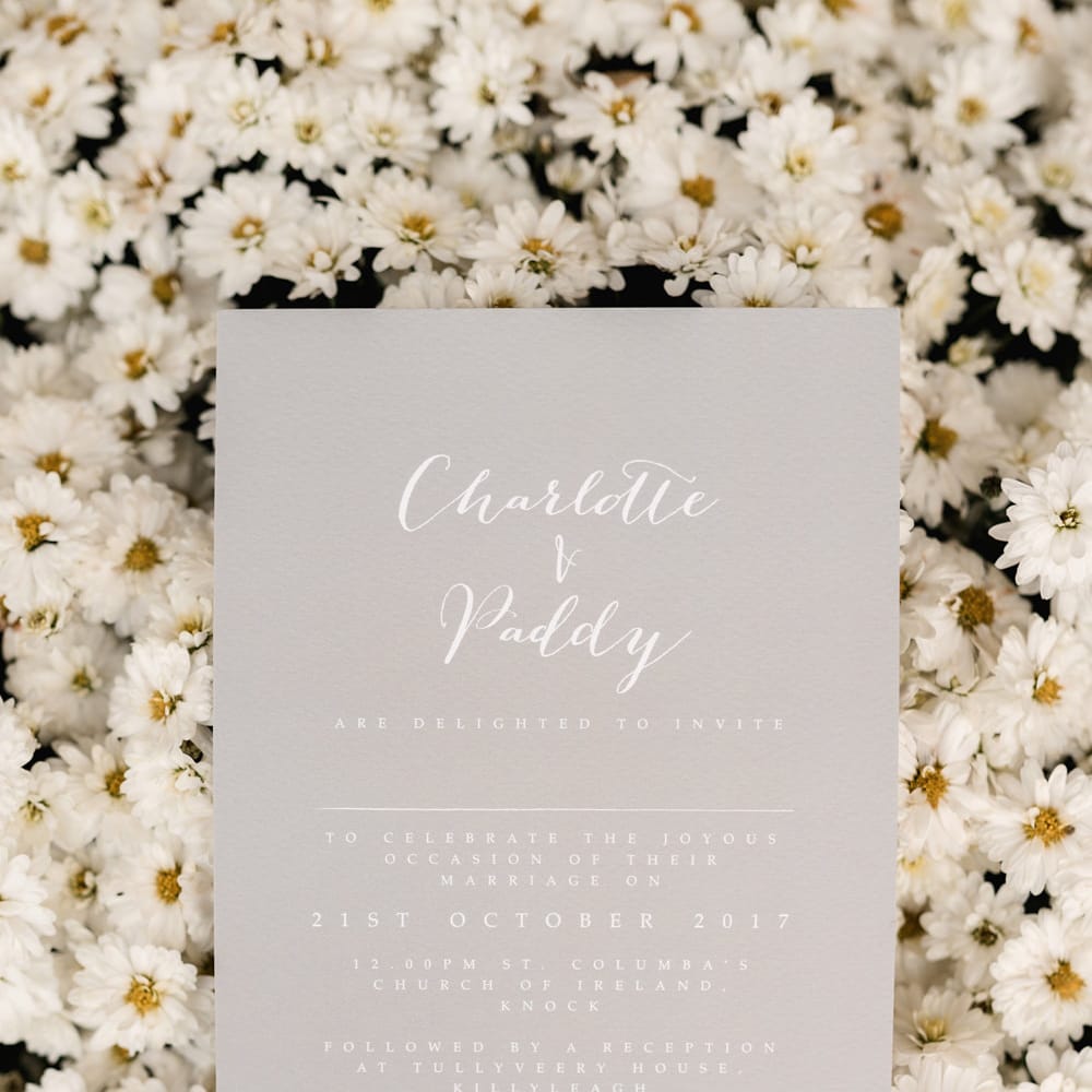 Wedding Stationery | White &amp; Green Floral Door Wreath | Elegant Grey, Green, White &amp; Gold Black Tie, Marquee Wedding at Tullyveery House N. Ireland with Decor &amp; Styling by Mood Events | The Lou's Photography | Soul &amp; Rise Film