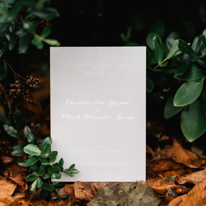 Elegant Grey Wedding Stationery | White &amp; Green Floral Door Wreath | Elegant Grey, Green, White &amp; Gold Black Tie, Marquee Wedding at Tullyveery House N. Ireland with Decor &amp; Styling by Mood Events | The Lou's Photography | Soul &amp; Rise Film