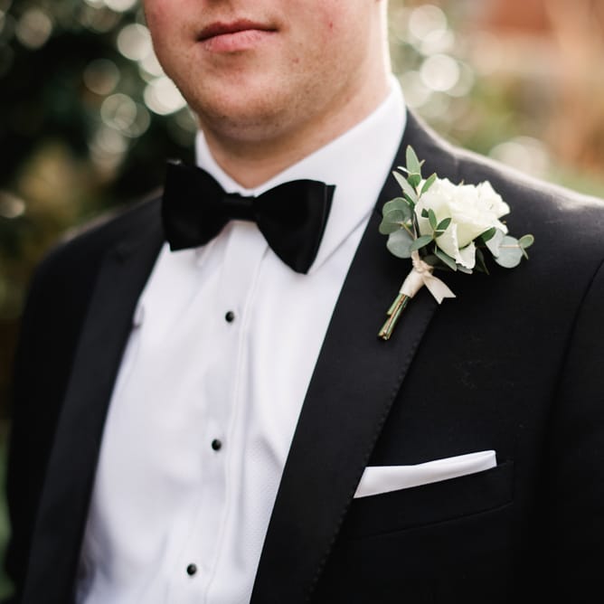 White Rose Buttonhole | Groom in Black Tie | Elegant Grey, Green, White &amp; Gold Black Tie, Marquee Wedding at Tullyveery House N. Ireland with Decor &amp; Styling by Mood Events | The Lou's Photography | Soul &amp; Rise Film