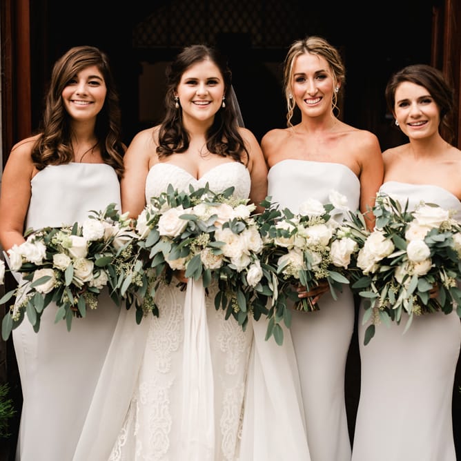 Elegant Bridal Party | Bridesmaids in Grey Jarlo Dresses | Bride in Badgley Mischka  Lace Bridal Gown | Grey, Green, White &amp; Gold Black Tie, Marquee Wedding at Tullyveery House N. Ireland with Decor &amp; Styling by Mood Events | The Lou's Photography | Soul &amp; Rise Film