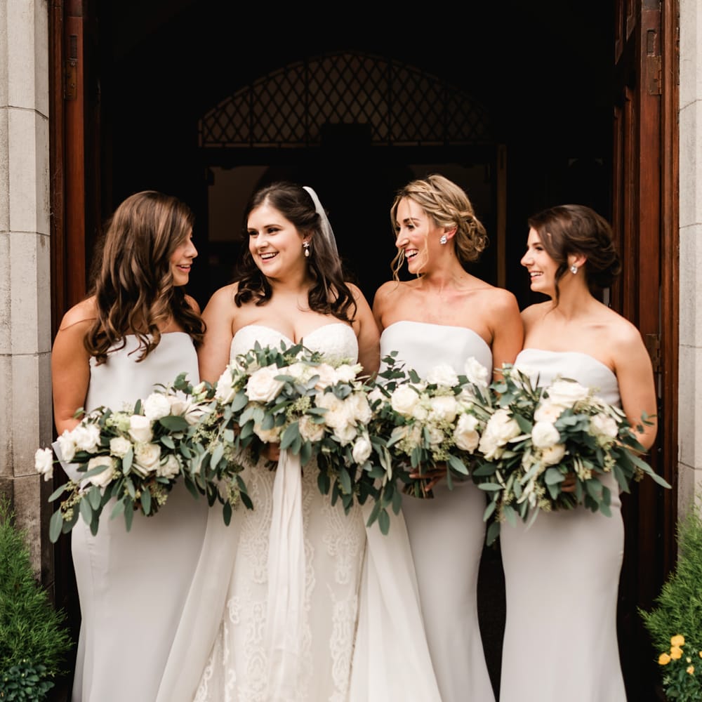 Elegant Bridal Party | Bridesmaids in Grey Jarlo Dresses | Bride in Badgley Mischka  Lace Bridal Gown | Grey, Green, White &amp; Gold Black Tie, Marquee Wedding at Tullyveery House N. Ireland with Decor &amp; Styling by Mood Events | The Lou's Photography | Soul &amp; Rise Film