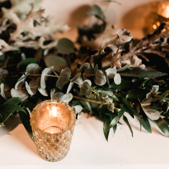 Silver Votive &amp; Greenery Garland | Grey, Green, White &amp; Gold Black Tie, Marquee Wedding at Tullyveery House N. Ireland with Decor &amp; Styling by Mood Events | The Lou's Photography | Soul &amp; Rise Film