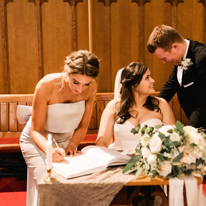 Wedding Ceremony | Signing The Register | Bride in Badgley Mischka  Lace Bridal Gown | Groom in Black Tie | Elegant Grey, Green, White &amp; Gold Black Tie, Marquee Wedding at Tullyveery House N. Ireland with Decor &amp; Styling by Mood Events | The Lou's Photography | Soul &amp; Rise Film