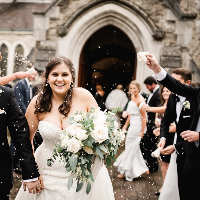 Confetti Moment | Bride in Badgley Mischka  Lace Bridal Gown | Groom in Black Tie | Elegant Grey, Green, White &amp; Gold Black Tie, Marquee Wedding at Tullyveery House N. Ireland with Decor &amp; Styling by Mood Events | The Lou's Photography | Soul &amp; Rise Film