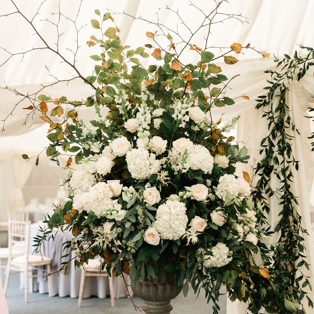 Large Floral Arrangement by Floralearth | Elegant Grey, Green, White &amp; Gold Black Tie, Marquee Wedding at Tullyveery House N. Ireland with Decor &amp; Styling by Mood Events | The Lou's Photography | Soul &amp; Rise Film