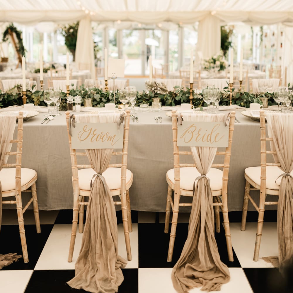 Greenery Installation &amp; Chair Back Decor | Elegant Grey, Green, White &amp; Gold Black Tie, Marquee Wedding at Tullyveery House N. Ireland with Decor &amp; Styling by Mood Events | The Lou's Photography | Soul &amp; Rise Film