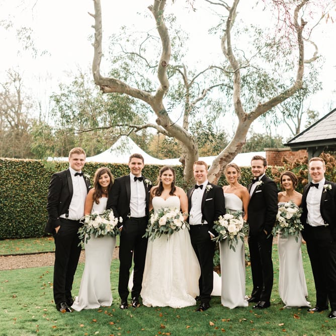 Elegant Wedding Party | Bridesmaids in Grey Jarlo Dresses | Bride in Badgley Mischka  Lace Bridal Gown | Groomsmen in Black Tie | Grey, Green, White &amp; Gold Black Tie, Marquee Wedding at Tullyveery House N. Ireland with Decor &amp; Styling by Mood Events | The Lou's Photography | Soul &amp; Rise Film