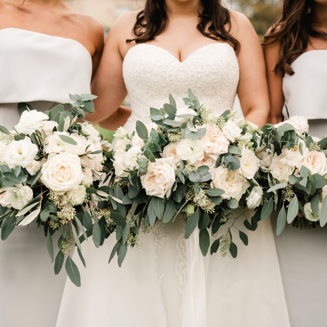 White &amp; Green Bridal Party Bouquets | Elegant Grey, Green, White &amp; Gold Black Tie, Marquee Wedding at Tullyveery House N. Ireland with Decor &amp; Styling by Mood Events | The Lou's Photography | Soul &amp; Rise Film