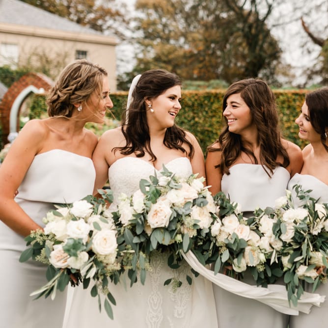 Elegant Bridal Party | Bridesmaids in Grey Jarlo Dresses | Bride in Badgley Mischka  Lace Bridal Gown | Grey, Green, White &amp; Gold Black Tie, Marquee Wedding at Tullyveery House N. Ireland with Decor &amp; Styling by Mood Events | The Lou's Photography | Soul &amp; Rise Film