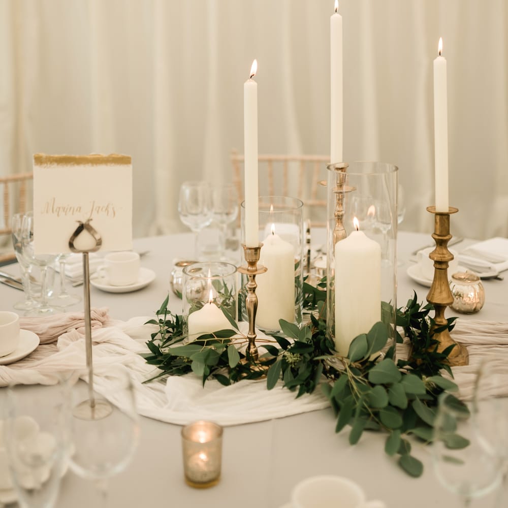 Gold Candle Sticks &amp; Taper Candles Wedding Decor | Elegant Grey, Green, White &amp; Gold Black Tie, Marquee Wedding at Tullyveery House N. Ireland with Decor &amp; Styling by Mood Events | The Lou's Photography | Soul &amp; Rise Film